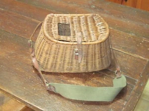 SLIGHTLY USED ANTIQUE VTG WICKER LEATHER FISHING CREEL BASKET SHOULDER STRAPS - Picture 1 of 12