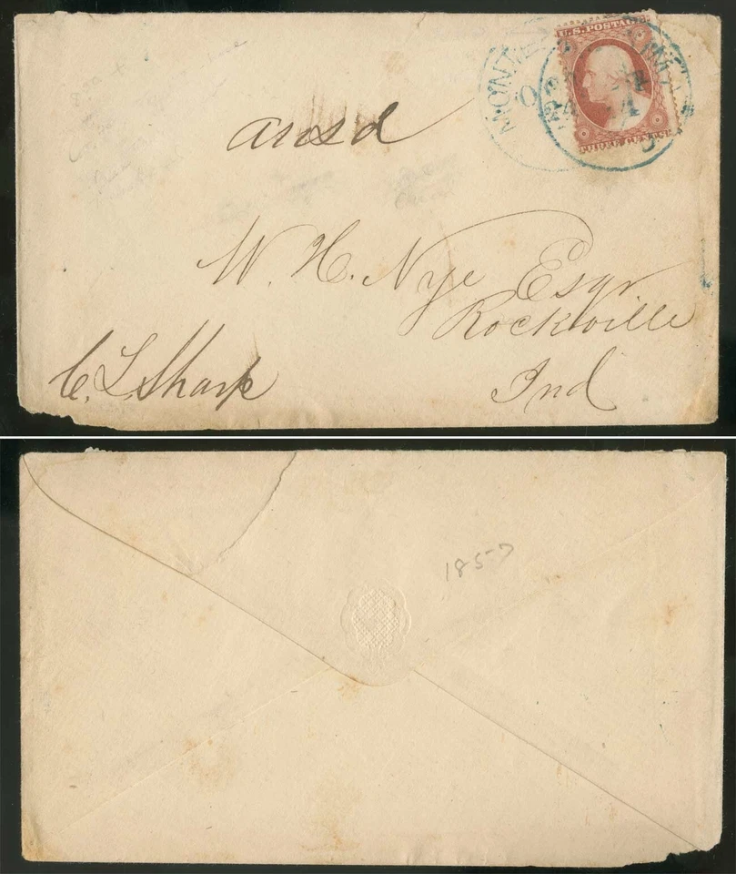 US Sc 25 Rose 3¢ Ty I Tied by a Blue CDS on Cover to ROCKVILLE IND - Image 1 of 1