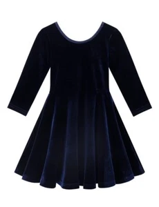 Girls 3/4 Sleeve Velvet Twirly Dress Casual Skater Dresses with Pockets Navy ... - Picture 1 of 6