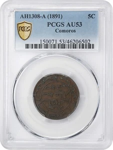 COMOROS , 5 CENTIMES AH1308 A - PCGS AU 53 , RAREZ - Picture 1 of 2