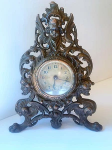 Antike bronzene Gusseisen viktorianische Regalmanteluhr verziert Cherub und 2 Gesichter - Bild 1 von 7