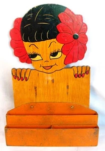 HAWAIIANA HULA GIRL BLOC DE NOTAS SOPORTE LÁPIZ MADERA c.1940 - Imagen 1 de 5
