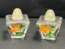VTG Hand Painted Orange Floral Clear Glass Small Dainty Salt & Pepper Shakers 2"