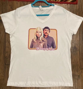 NEW NANCY SINATRA LEE GREENWOOD WOMEN'S LADIES WHITE T-SHIRT SIZE L RETRO V-NECK - Picture 1 of 6