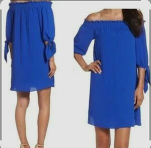 Vince Camuto Blue Crepe Off-the-Shoulder Bardot Dress Size 4 - Picture 1 of 6