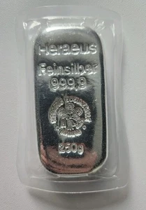 Silberbarren 250g Heraeus in Schutzfolie 999.9 Feinsilber - Bild 1 von 2