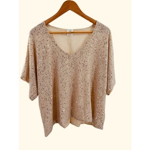 By Together Damen Pailletten Top Kurzarm V-Ausschnitt Party Clubwear Beige Gr. S - Bild 1 von 6