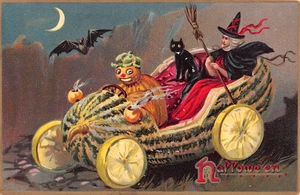 c.1910 Witch & Black Cat in Watermelon Car Halloween post card Tuck - Picture 1 of 2