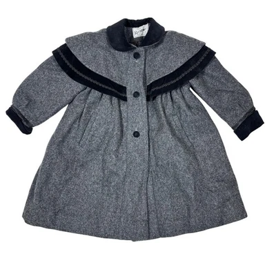 Rothschild Child's Wool Coat Sailor Collar Black Velvet Bow Girl Size 4 Rare Vtg - Image 1 of 4