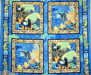 CORAL SEAS Fabric panel 4 pillow panel FISH FABRIC quilt top OCEAN FABRIC NEW - Picture 1 of 3