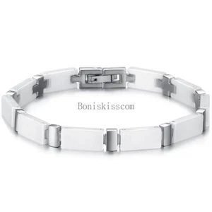Men's Stainless Steel White/Black Ceramic Bracelet Cross Wrist Link Chain Bangle - Picture 1 of 11