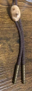 Vintage Varnished Wood Bolo Tie Western Core Cowboy Brown Braided Brass Tips - Picture 1 of 10