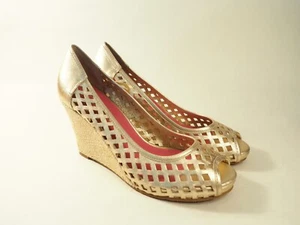 Lilly Pulitzer Gold Leather Cutout Wedges, Size 8.5 (US) NWOB! - Picture 1 of 11