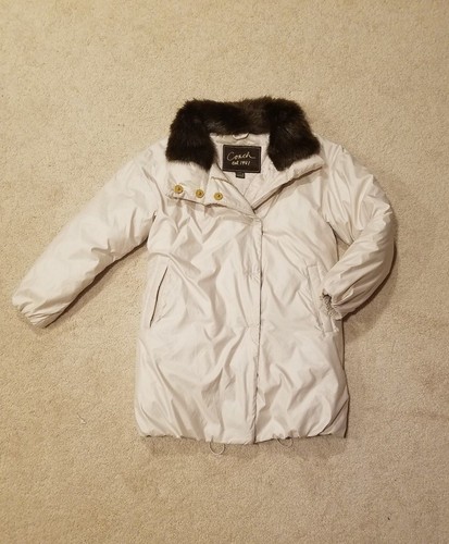 Giacca cappotto Coach donna pelliccia orlo invernale puffer lungo media lunghezza bianco XS