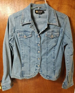 Christine Alexander size S jean denim jacket rhinestones crystal buttons bling - Picture 1 of 10