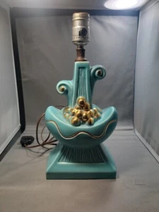Mid Century | Nachttischlampe aquablau/gold bemalt_Keramik  - Bild 1 von 15
