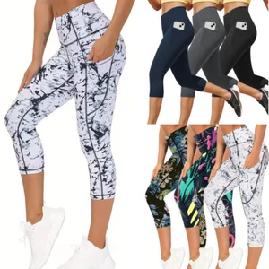 Women High Waist Gym Cropped Leggings Pocket Sports Running Yoga 3/4 Carpi Pants - Picture 1 of 21