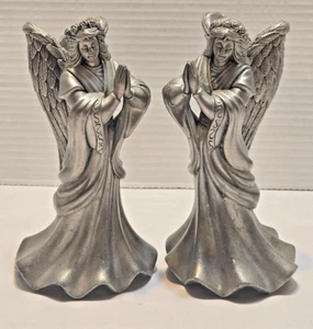 VTG HEAVY PEWTER TONE METAL ANGELS CANDLE HOLDER SET OF 2 FROM 1970'S - Picture 1 of 11