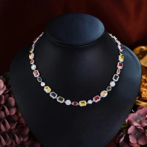 Lange Regenbogen Tennis Hochzeit Halskette versilbert Zirkonia Damen Schmuck - Bild 1 von 16
