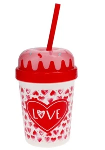Valentine's Plastic Dessert-Shaped Cup W/Straw 12 Oz Aprox Donut Love - Picture 1 of 1