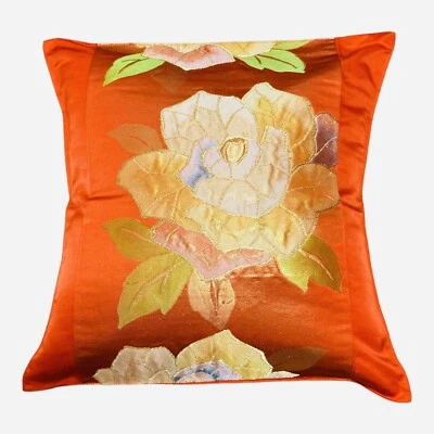 18"Glittering Japanese Kimono Obi Pillow Cover Handmade/Orange/Flower  F/S 231 - Image 1 of 4