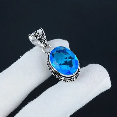 Blau Topas Edelstein Vintage Stil 925 Sterlingsilber Anhänger Geschenk Für Liebe - Bild 1 von 4