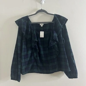 J Crew Factory Flannel Square Neck Top Plaid Ruffle Green Holiday Size XL NWT - Bild 1 von 11