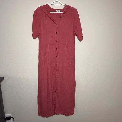 Vestido Kiko Cómodo Ropa 100% Lino Rosa Lagenlook Capucha Abotonada Talla S Foto 1 de 4