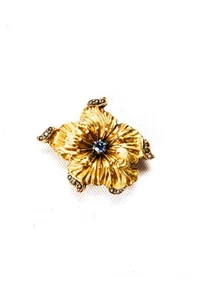 Designer Womens 12K Yellow Gold Sapphire + Seed Pearl Flower Convertible Pendant - Picture 1 of 3