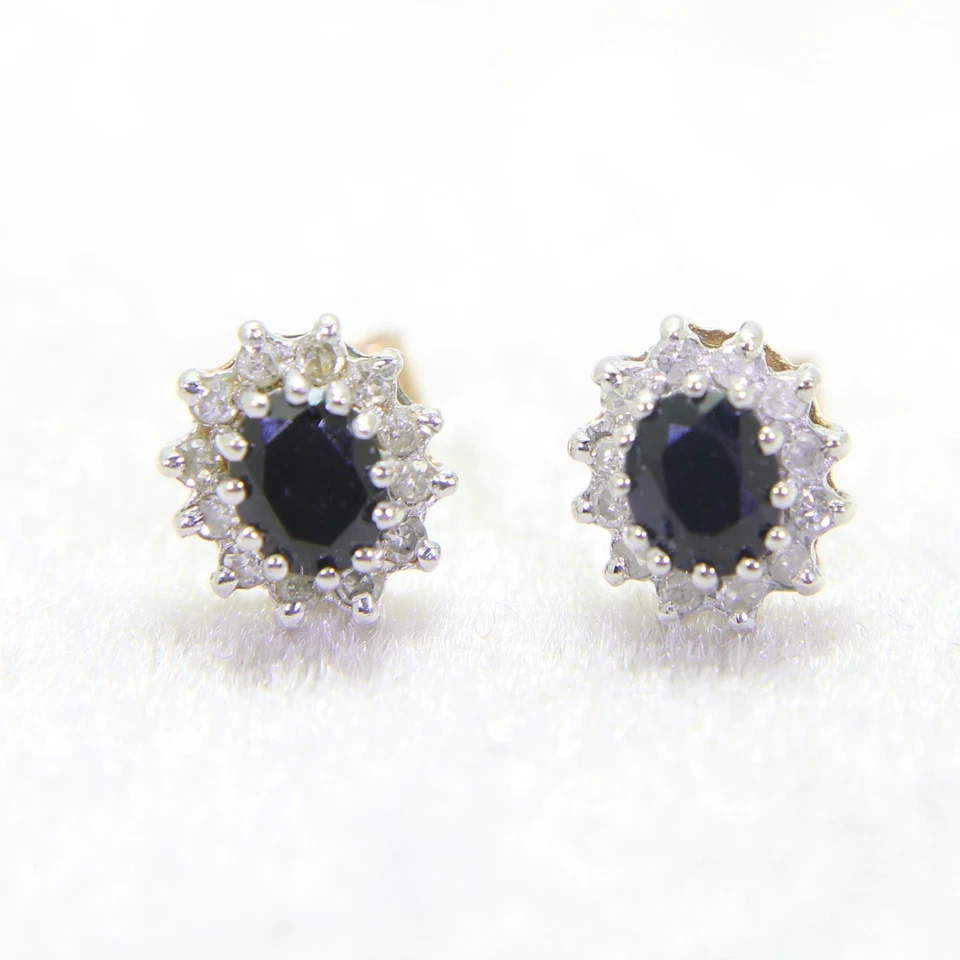 Sapphire & 0.25ct Diamond Cluster 9ct Yellow Gold Stud Earrings - Image 1 of 4