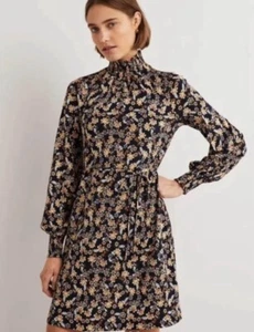 NUEVO Vestido Boden Cuello Alto Jersey Tejido Volantes Elastizado Azul Marino Floral Talla EE. UU. 6L Alto - Imagen 1 de 8
