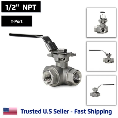1/2" 3-Way T-Port Ball Valve, Stainless Steel, NPT Threaded, 1000PSI - Image 1 of 4