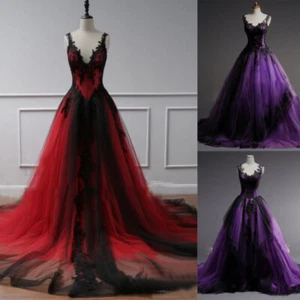Black Red Gothic Wedding Dresses V Neck Sweep Train Lace Appliques Bridal Gowns - Picture 1 of 10