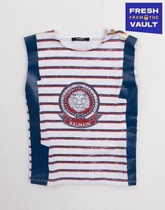 RRP€200 BALMAIN Kids T-Shirt Size 6Y Striped Logo Front Coated Tapes Sleeveless - Picture 1 of 11