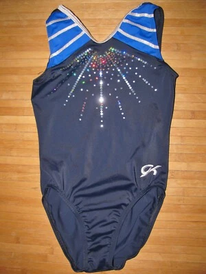 GK ELITE Leotard CL Childs LARGE Nylon Spandex NAVY BLUE with SILVER and SPARKLE - Image 1 of 2