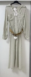 ZARA ECRU KHAKI STRIPED COLLARED LINEN BLEND BELTED SHIRT DRESS SIZE M BNWT - Picture 1 of 15