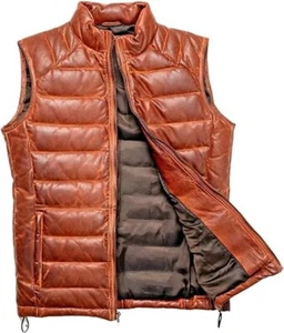 Brown Distressed Quilted Puffer Down Leather Vest Men| Lightweight vest men - Picture 1 of 4