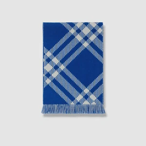 Burberry Kids Boy's Blue Wool Diagonal Check Fringe Scarf - Picture 1 of 4