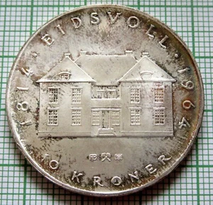NORWAY OLAV V 1964 10 KRONER, Constitution Sesquicentennial SILVER UNC km# 413 - Picture 1 of 6