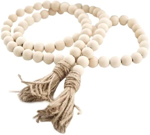 Farmhouse Beads 58In Wood Bead Garland with Tassels Rustic Country Decor Prayer  - Picture 1 of 12