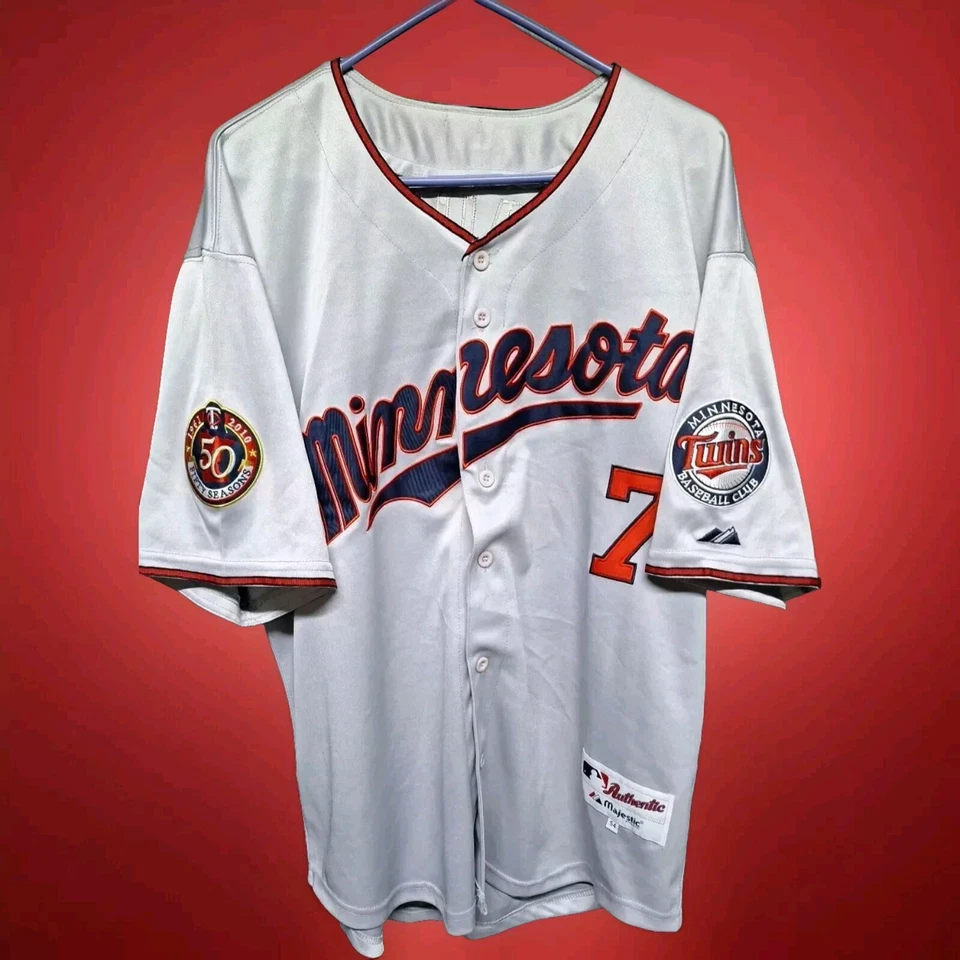 Camiseta deportiva auténtica Majestic Minnesota Twins Joe Mauer #7, talla 54, parches de doble brazo, Foto 1 de 4
