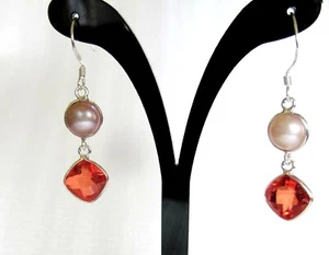 Sunfire Quartz & Pink Freshwater Pearl Earrings, 925 Sterling Silver, 12.56cts - Picture 1 of 5