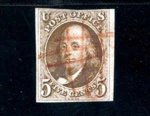 USAstamps Used FVF US 1847 Franklin Imperforate 1st Stamp Scott 1a Red Cancel - Picture 1 of 2