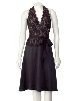 *¡OFERTA!* Vestido Tadashi Shoji Negro/Desnudo Con Cuentas Encaje Halter Fiesta Cóctel Talla 2 Foto 1 de 4