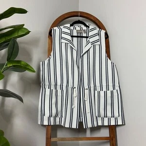 Chico's XL Nautical White Blue Striped Open Front Vest Pockets - Picture 1 of 7
