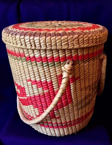 Stunning Large Indigenous Native Tribal Bird Motif Lidded Weave Basket Cover