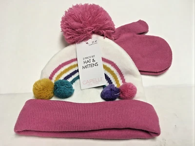 CAPELLI NY SOMBRERO Y MITONES PARA NIÑOS PEQUEÑOS ROSA, CONJUNTO ARCO IRIS TALLA 2T-4T NUEVO CON ETIQUETA Foto 1 de 2