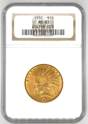 Águila dorada cabeza india 1932 G$10 clasificada por NGC como soporte antiguo MS63 Foto 1 de 4