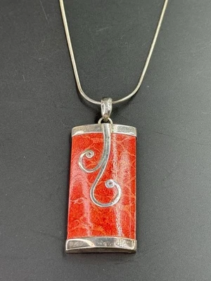 Collar Colgante Rectangular Artesanal Coral Rojo Plata de Ley 925 Suroeste Foto 1 de 4
