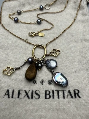 ALEXIS BITTAR Signed HTF Charm Necklace Wood, Peacock Pearl 16-19” 6.3g - Image 1 of 4
